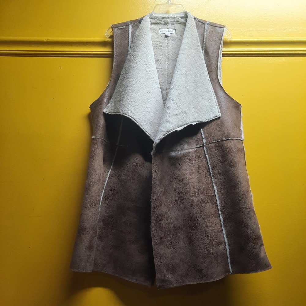 NWOT Knox Rose Brown Faux Shearling lining open front waterfall long vest XXL